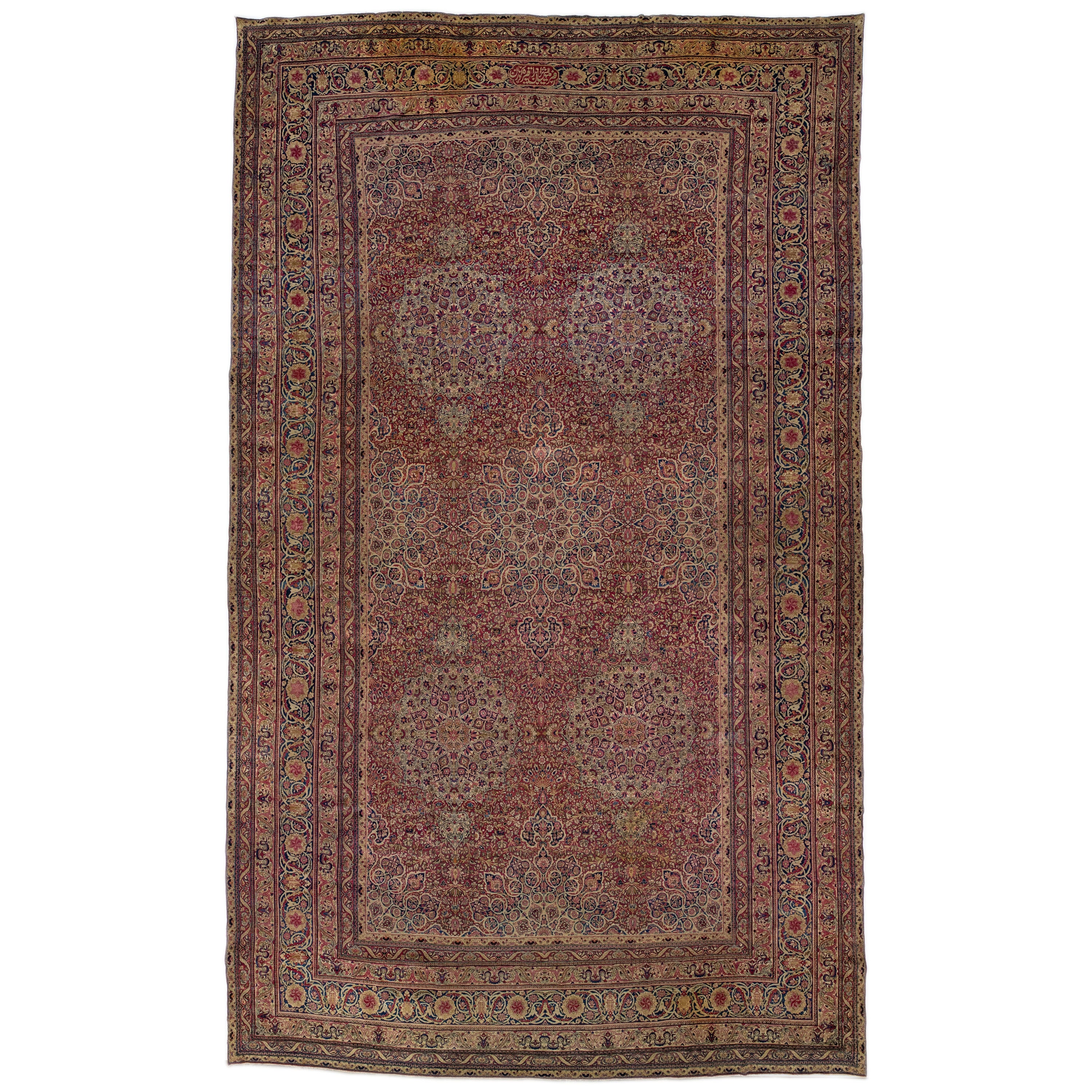 Antique Persian Kerman Handmade Multicolor Wool Rug with Rosette Design For Sale