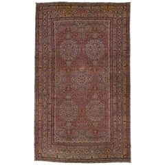 Vintage Persian Kerman Handmade Multicolor Wool Rug with Rosette Design