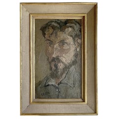 Vintage 20th Century Dark-Grey, Green French Self-Portrait Oil Painting of Daniel Clesse