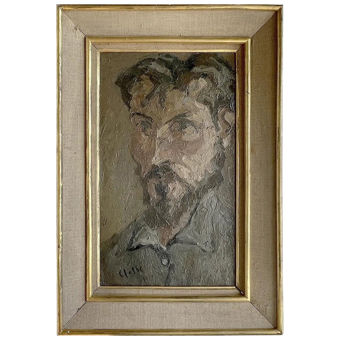 Peinture à l'huile d'un autoportrait français du 20ème siècle, gris foncé et vert, représentant Daniel Clesse en vente