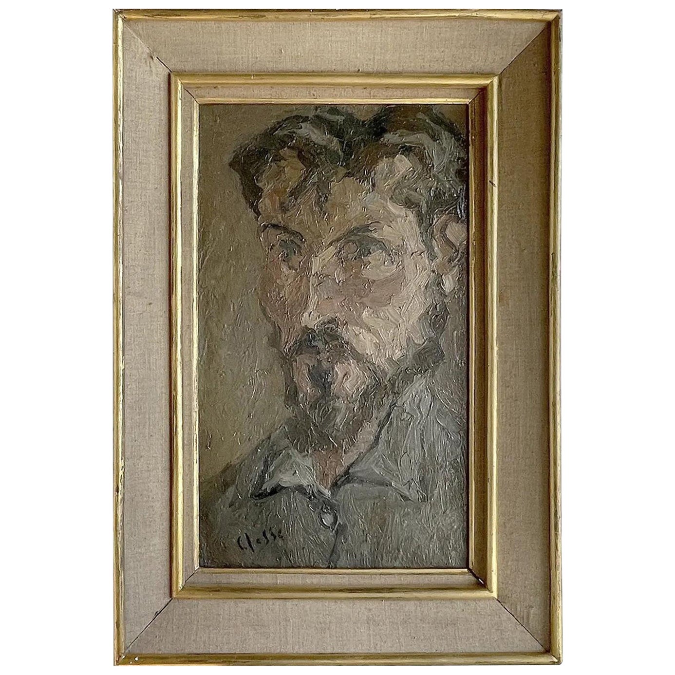Siglo XX Pintura al óleo autorretrato francés gris oscuro y verde de Daniel Clesse