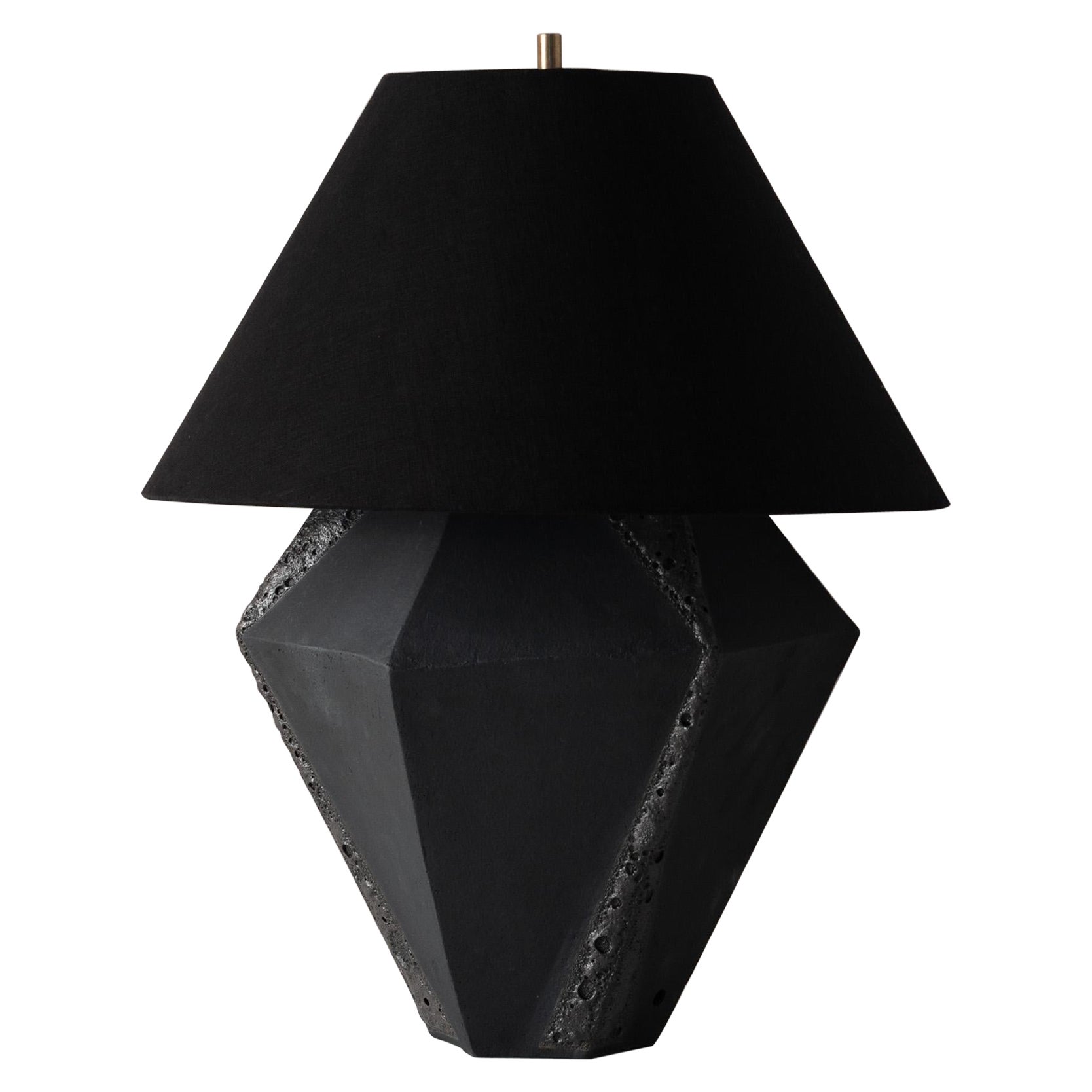 Warp, Matte and Textured Black Glazed Wide Geometric Ceramic Table Lamp For Sale