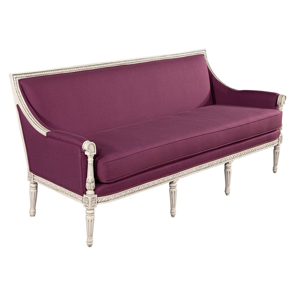 Louis XVI Style Sofa in Plum Burgundy Fabric For Sale
