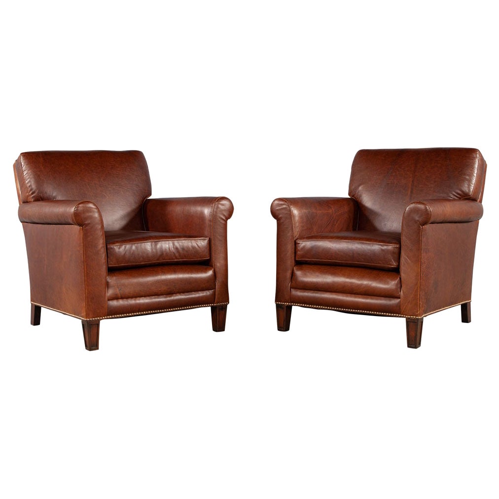 Pair of Art Deco Brown Saddle Leather Club Chairs 1950’s USA