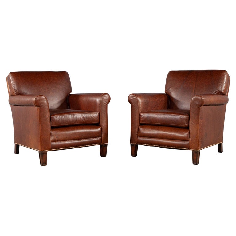 Pair of Art Deco Brown Saddle Leather Club Chairs 1950’s USA For Sale