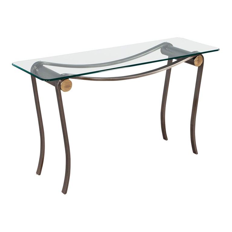 Neoclassical Glass Top Chrome Base Console Table For Sale