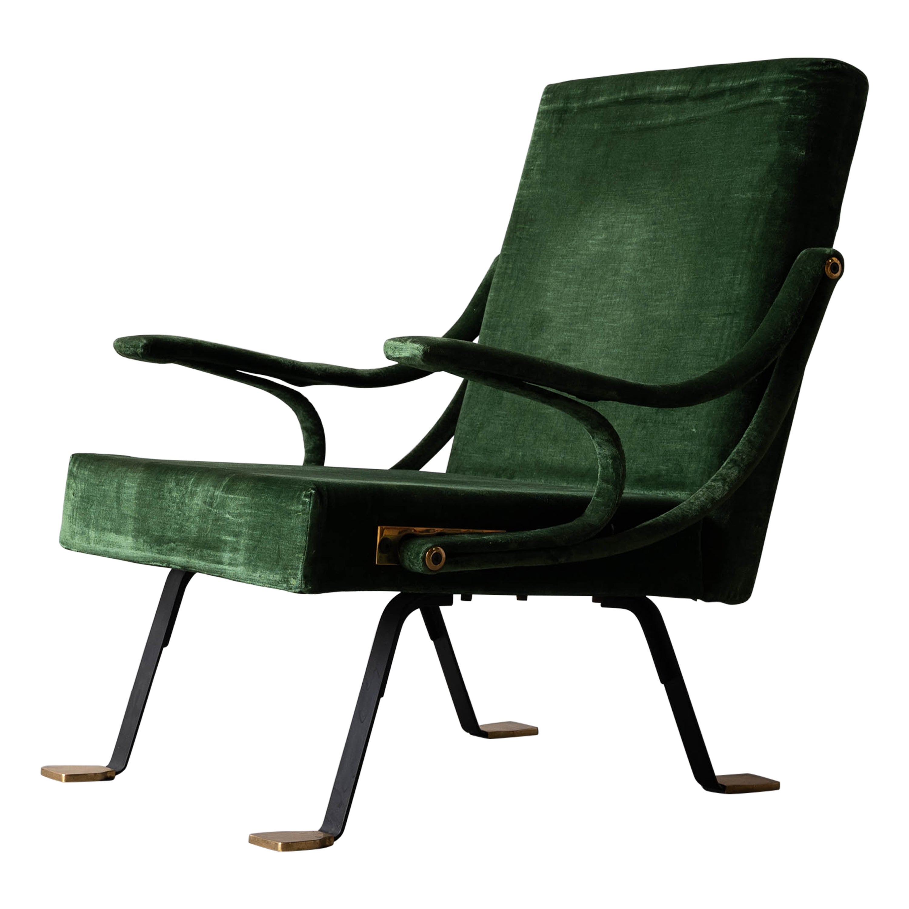 Ignazio Gardella, Lounge Chair, Brass, Metal, Green Velvet, Gavina, Italy, 1957