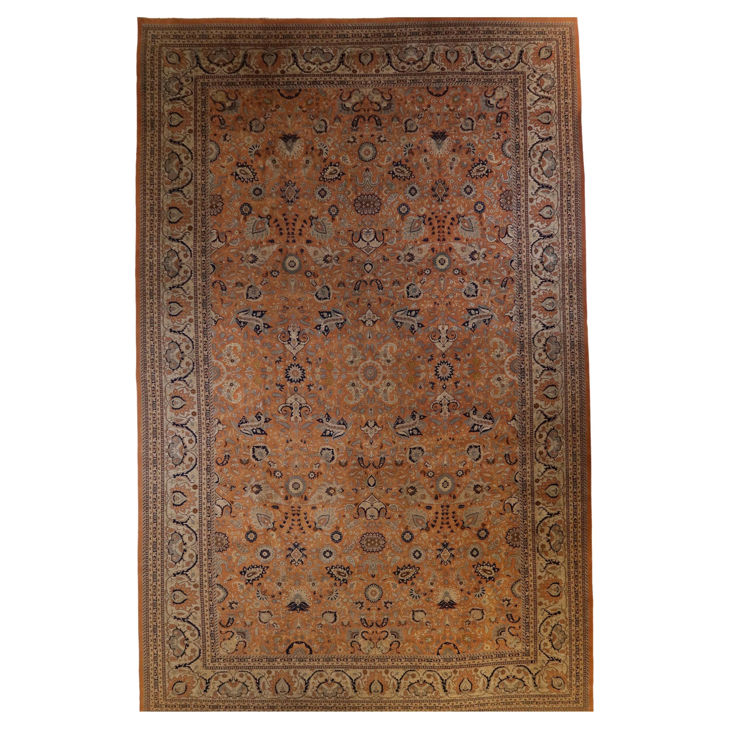Classic Tabriz Hand-Knotted New Zealand Wool Coral and Camel Fine Quality Rug For Sale
