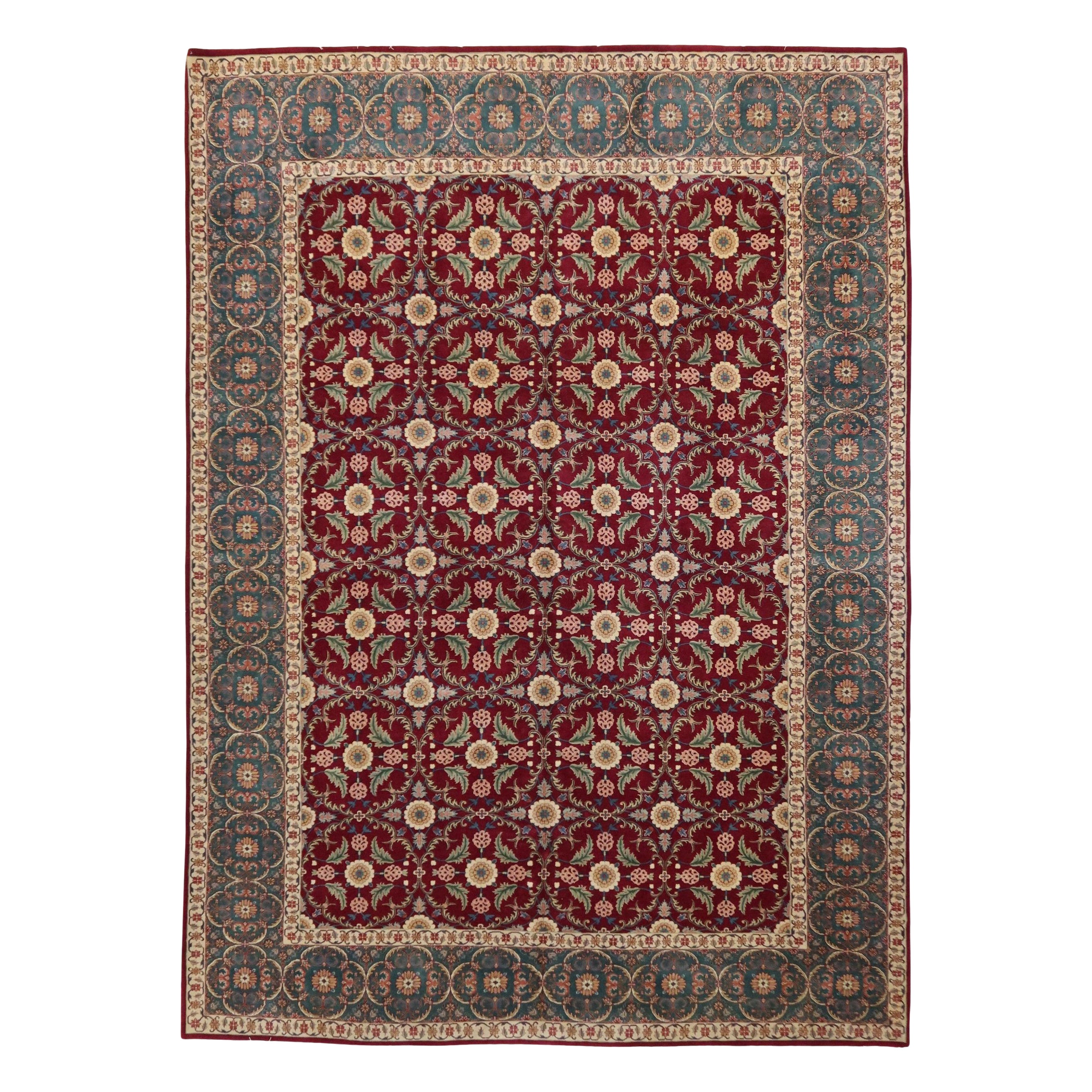 Agra Hand-Knotted New Zealand Wool Burgundy Green Fine Quality Rug in Stock For Sale