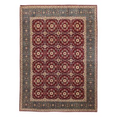Agra Hand-Knotted New Zealand Wool Burgundy Green Fine Quality Rug in Stock