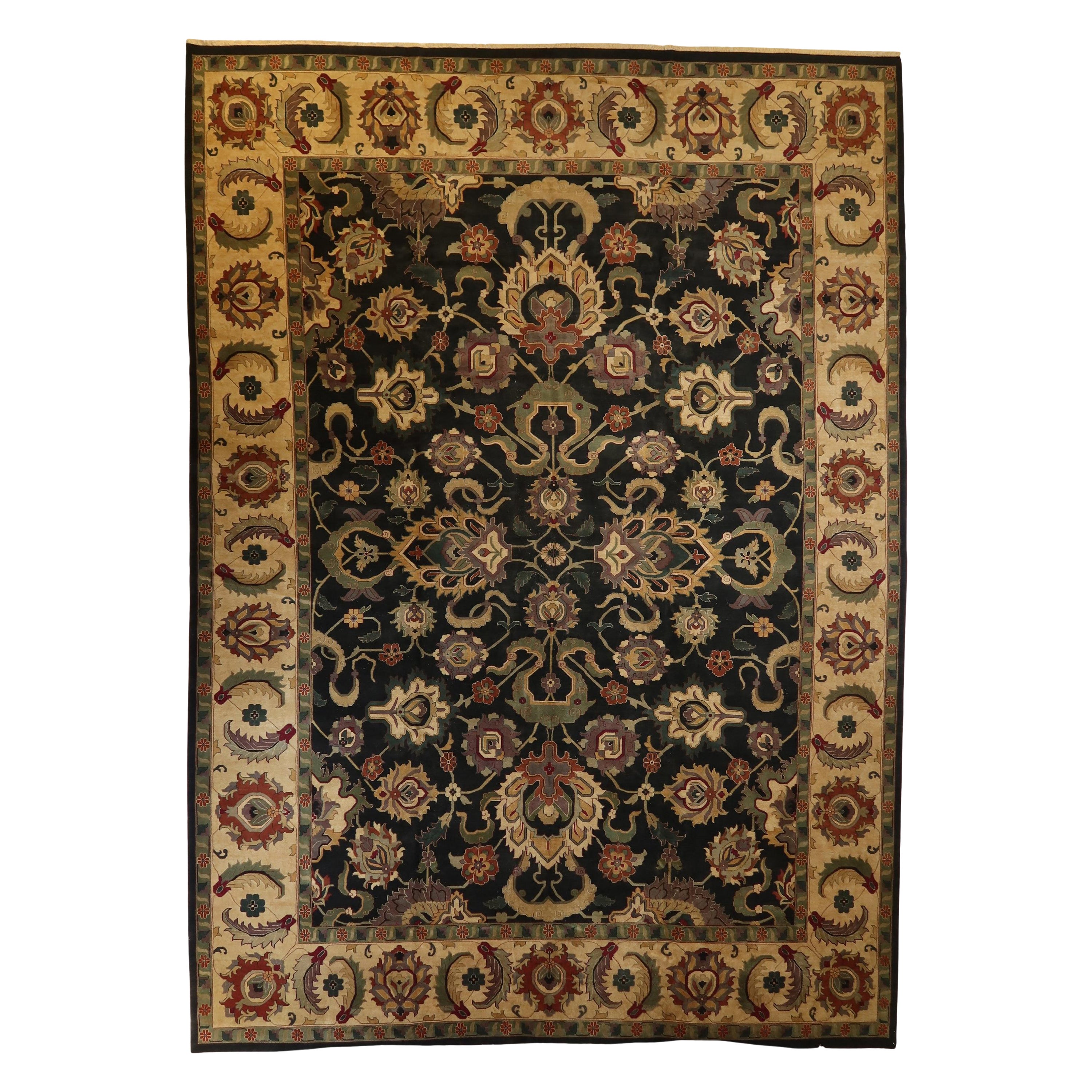Agra Alfombra de Lana de Nueva Zelanda Anudada a Mano Negro Vintage Marfil Finamente Tejida Sobredimensionada