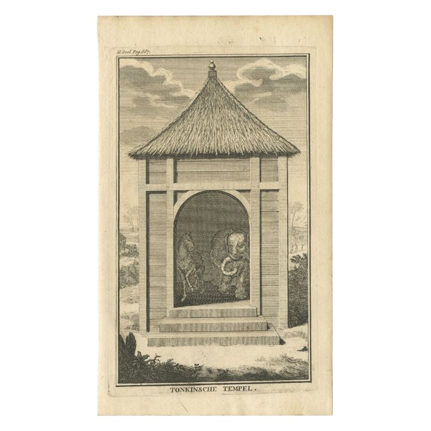 Gravure ancienne originale d'un temple de Tonkin en Asie « Vietnam », 1739