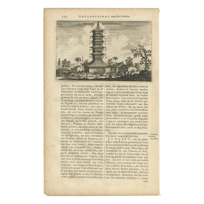 Original Antique Engraving of the Quangguamiau Pagoda in China, 1665 For Sale