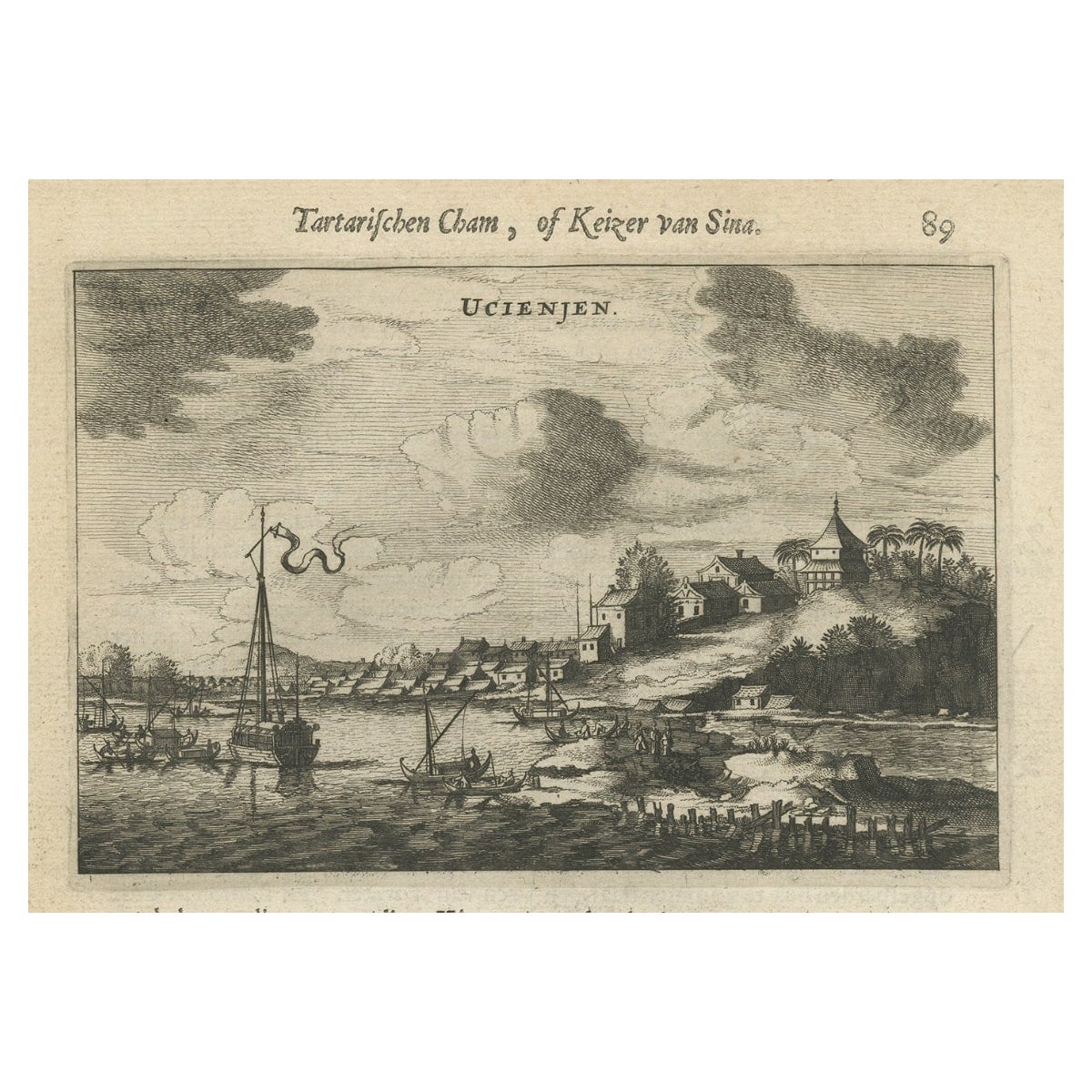 Impression ancienne originale et rare de la ville d'Ucienjen en Chine, 1665