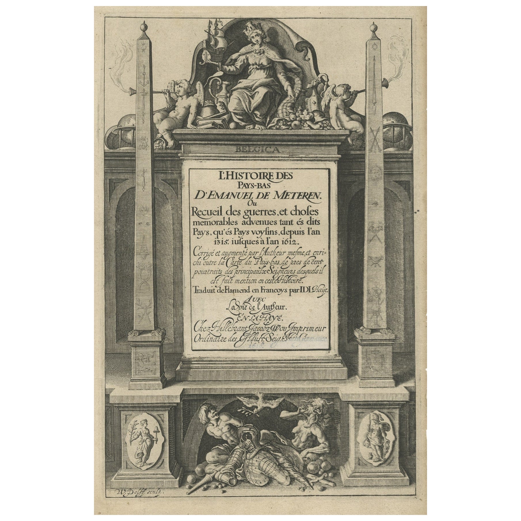 Antique Frontispiece of 'L'Histoire Des Pays-Bas D'Emanuel De Meteren', 1618 For Sale
