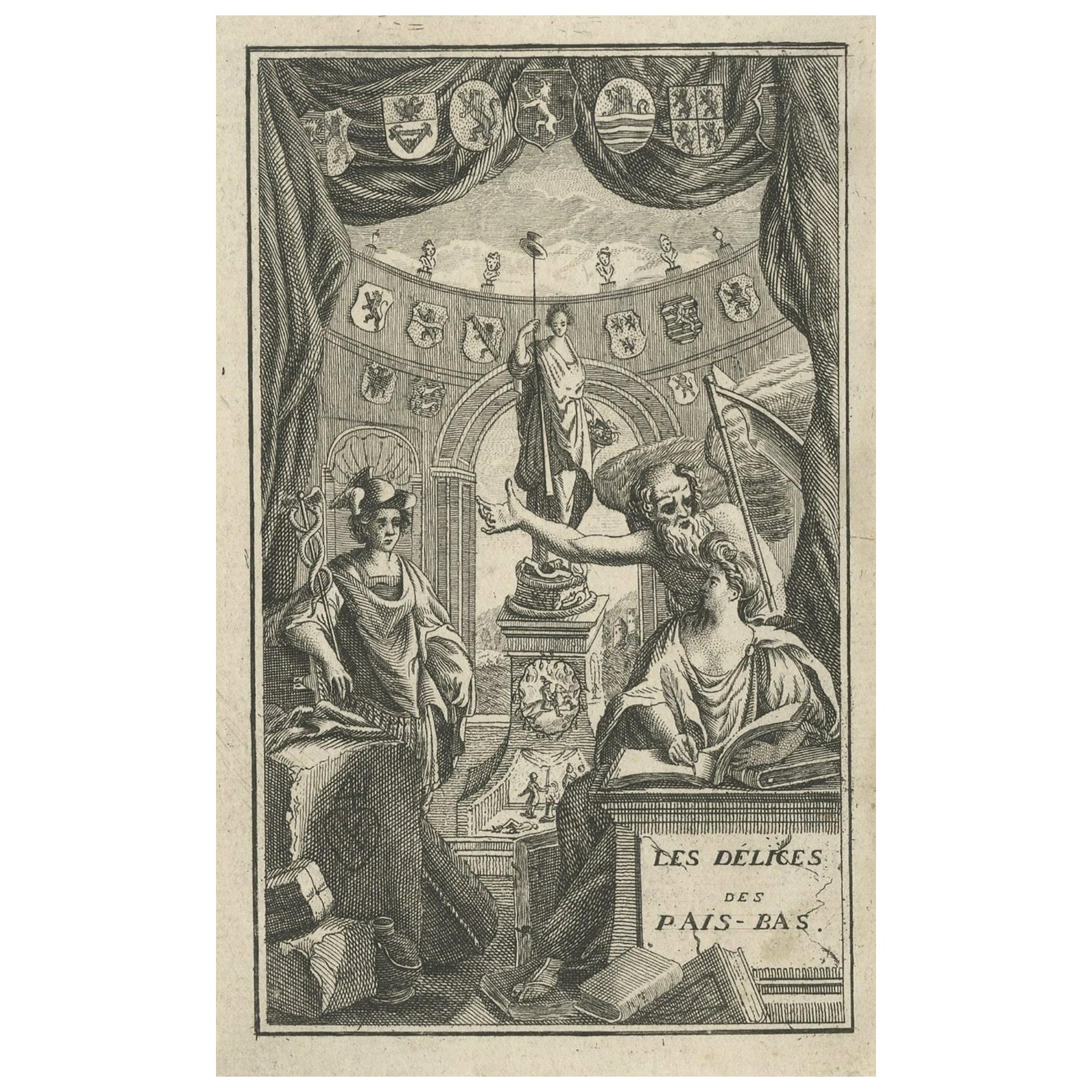 Original Antique Frontispiece Engraving of 'Les Délices Des Pais-Bas', 1769 For Sale