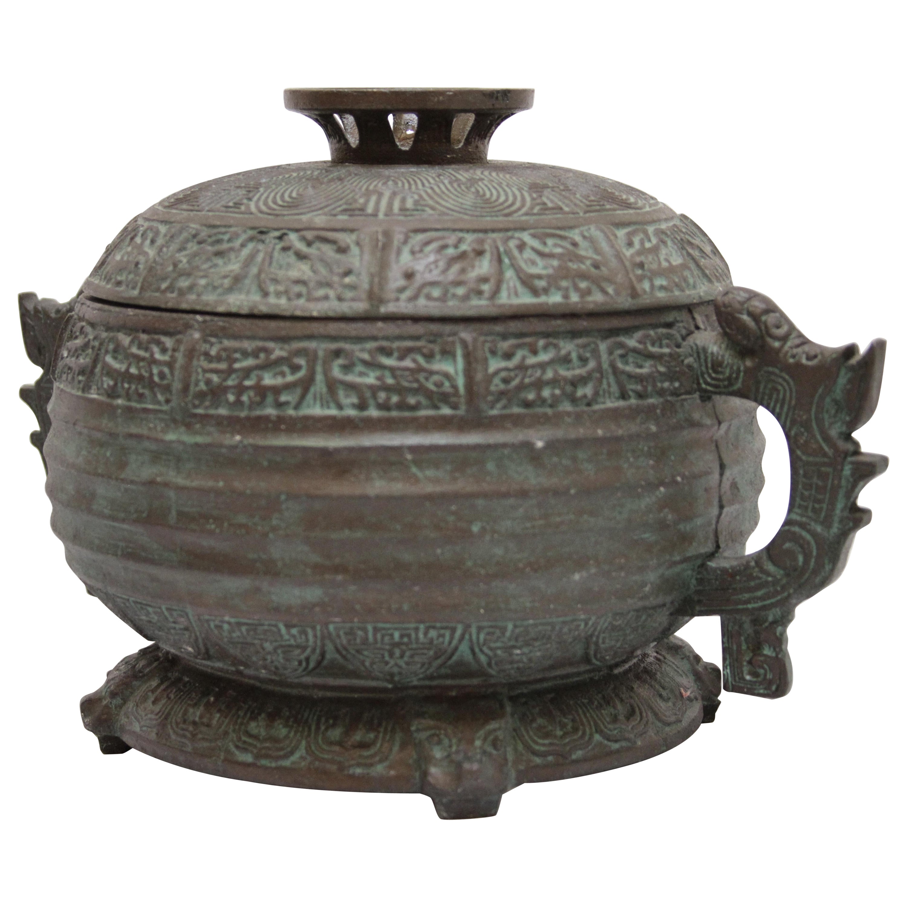Verdigris Mid-Century Shang Dynasty Style Ice Bucket with Asian Motif