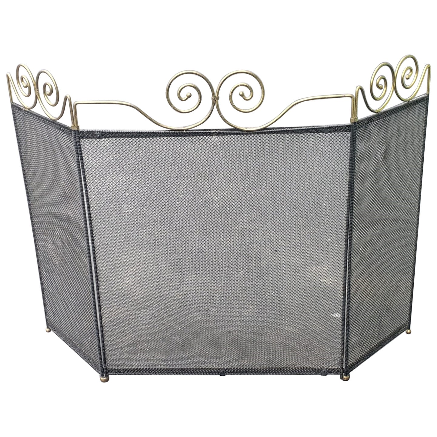 1960s Vintage Wire Mesh and Brass Ornate Fireplace Screen For Sale