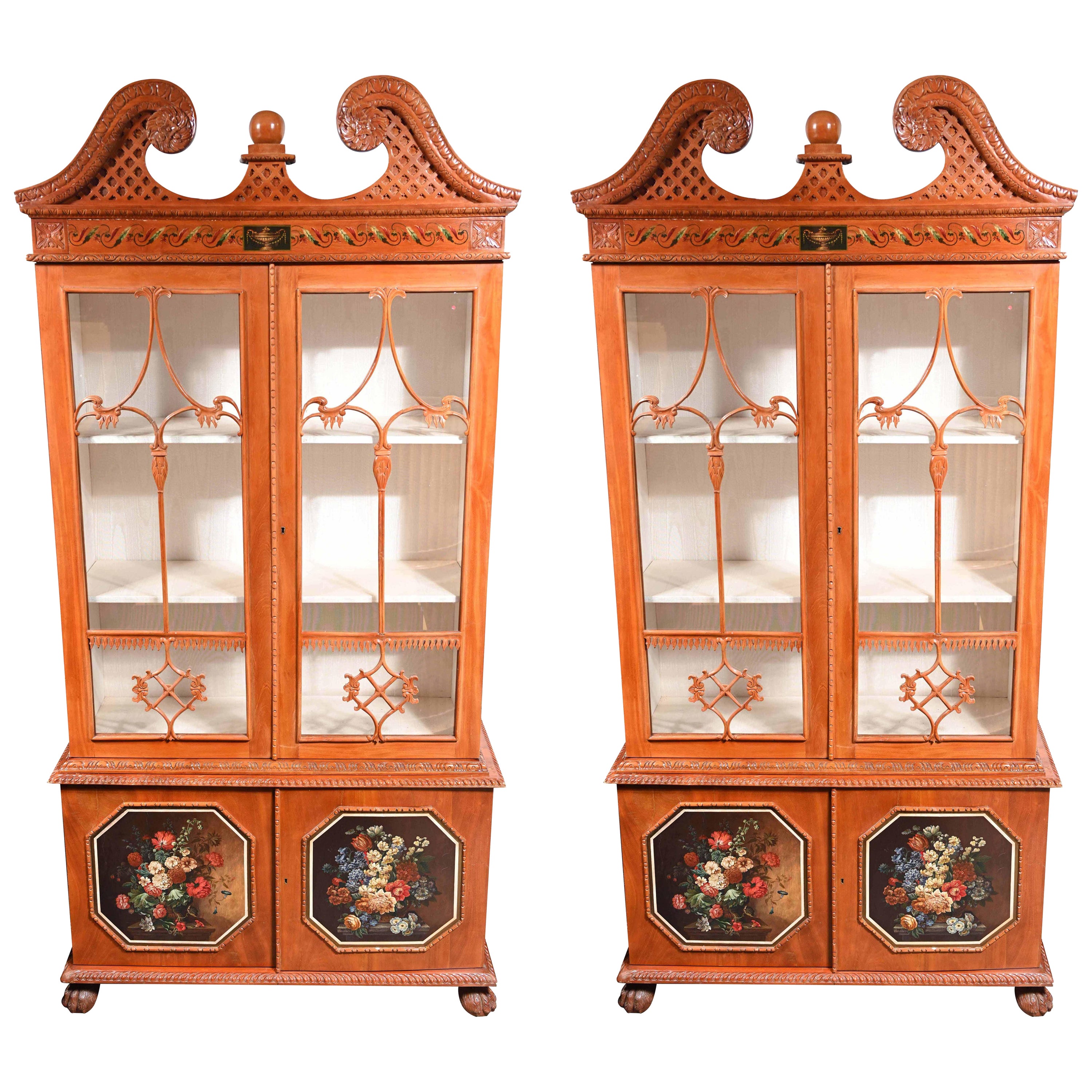 Pair Antique Display Cabinets, Chippendale Glass Fronted Bookcases Satinwood For Sale