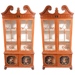 Pair Antique Display Cabinets, Chippendale Glass Fronted Bookcases Satinwood