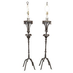 Pair of French Midcentury Gothic Style Iron Torchères Floor Lamps, US Wired
