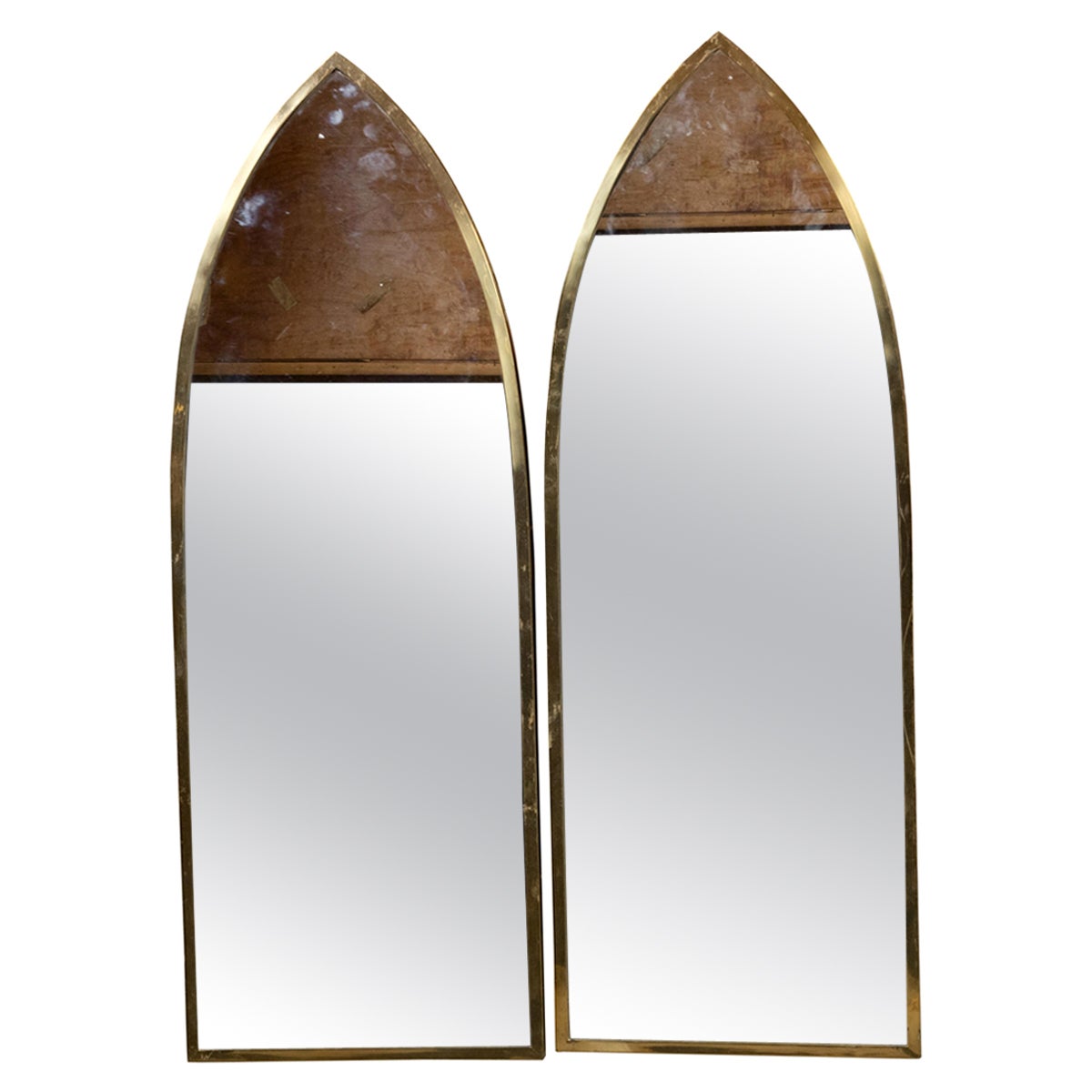 Pair of Midcentury Neo Gothic Style Brass Mirrors with Pointed Arch Silhouettes