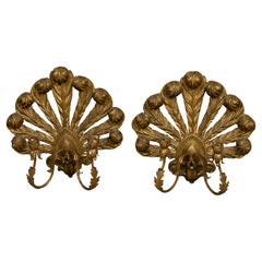 Pair of Italian Midcentury Giltwood Candle Sconces with Carved Feathers