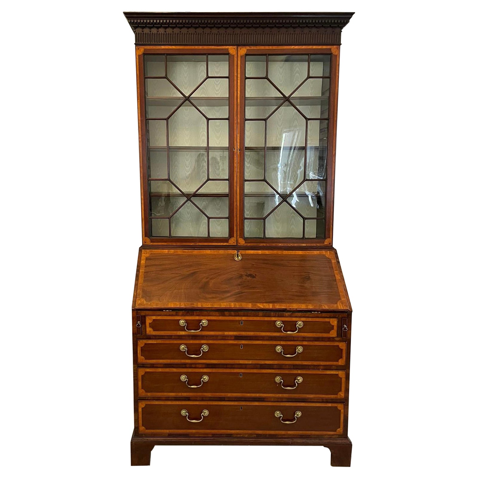 Outstanding Quality Antique George III Mahogany Inlaid Bureau Bookcase For Sale