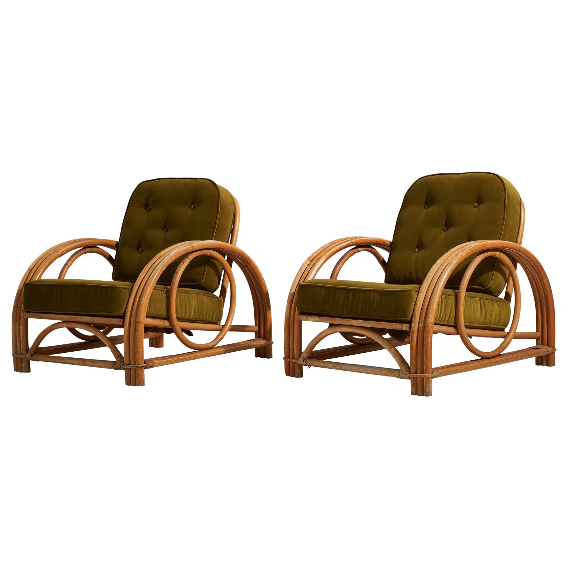 Ficks Reed, Lounge Chairs, Bamboo, Rattan, Fabric, C. 1950s