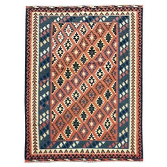 Used Kilim Rug Geometric Striped Orange Wool Rug Handmade Kilims