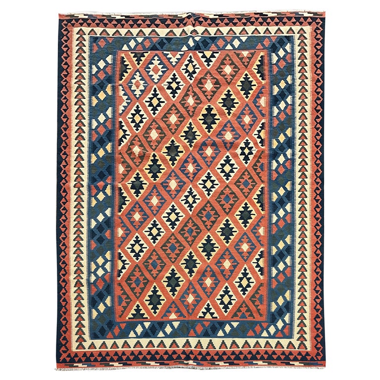 Vintage Kilim Rug Geometric Striped Orange Wool Rug Handmade Kilims For