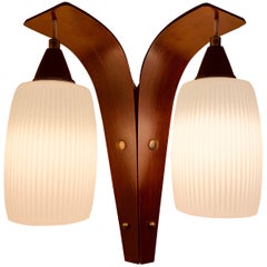 1960s Teak, Brass & Double Opaque White Ribbed Glass Shade Wall Lights