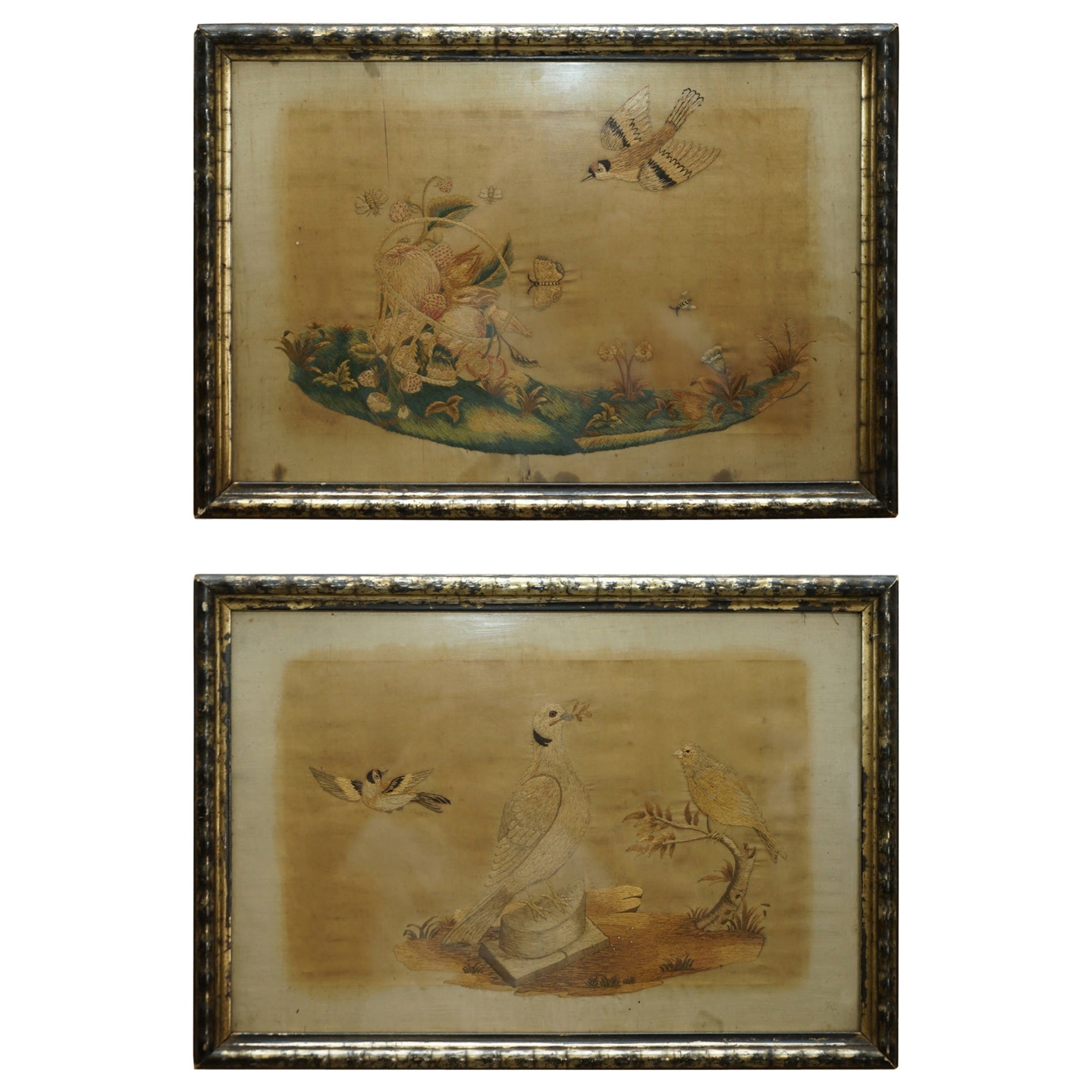 Paire de tableaux de tapisseries en soie tissées à la main du 19ème siècle représentant des oiseaux et des fruits