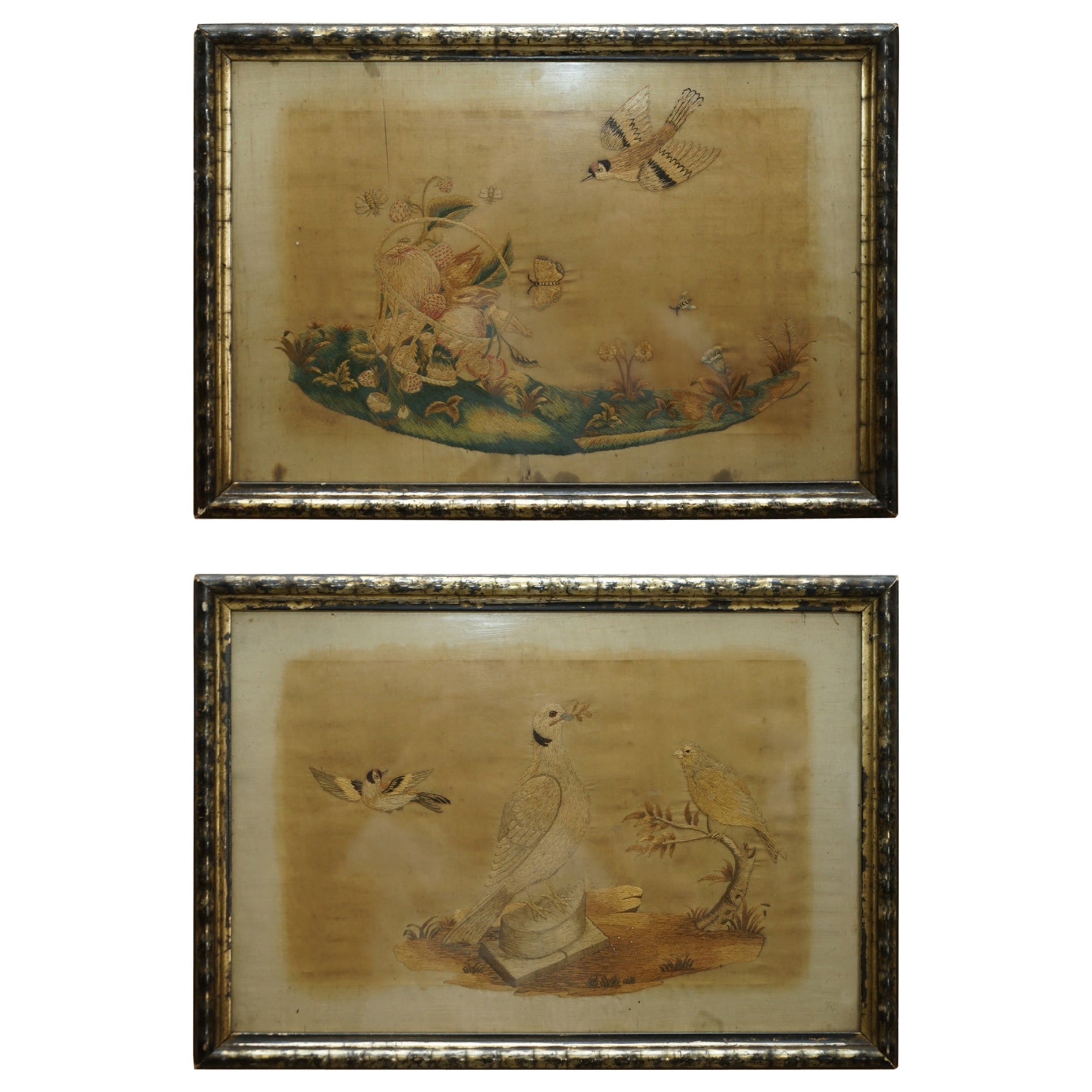 Pair of 19th Century Silk Hand Woven Tapestries Pictures Depicting Birds Fruit