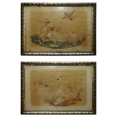 Antique Pair of 19th Century Silk Hand Woven Tapestries Pictures Depicting Birds Fruit