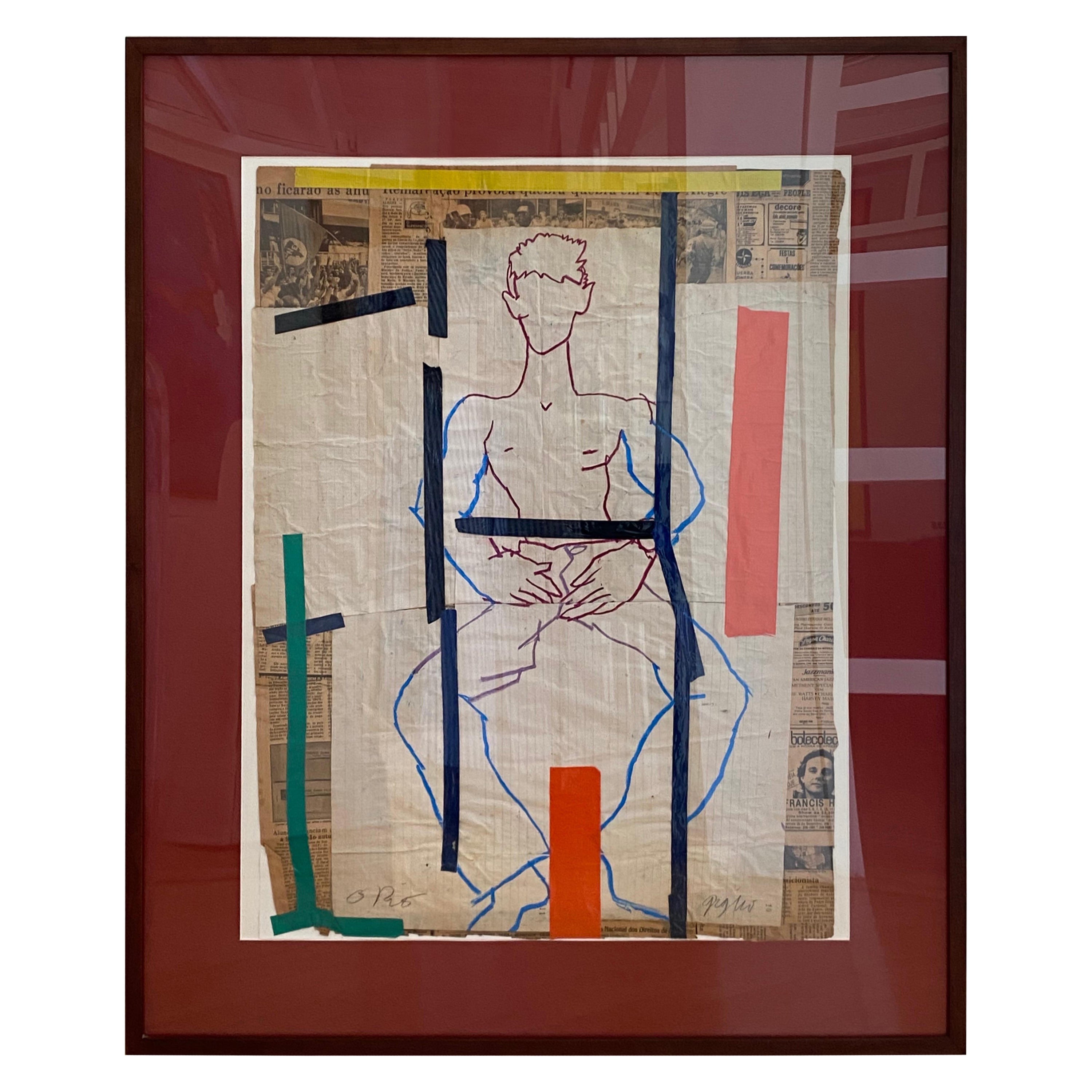 Collage technique mixte d'un nu masculin par Richard Giglio en vente