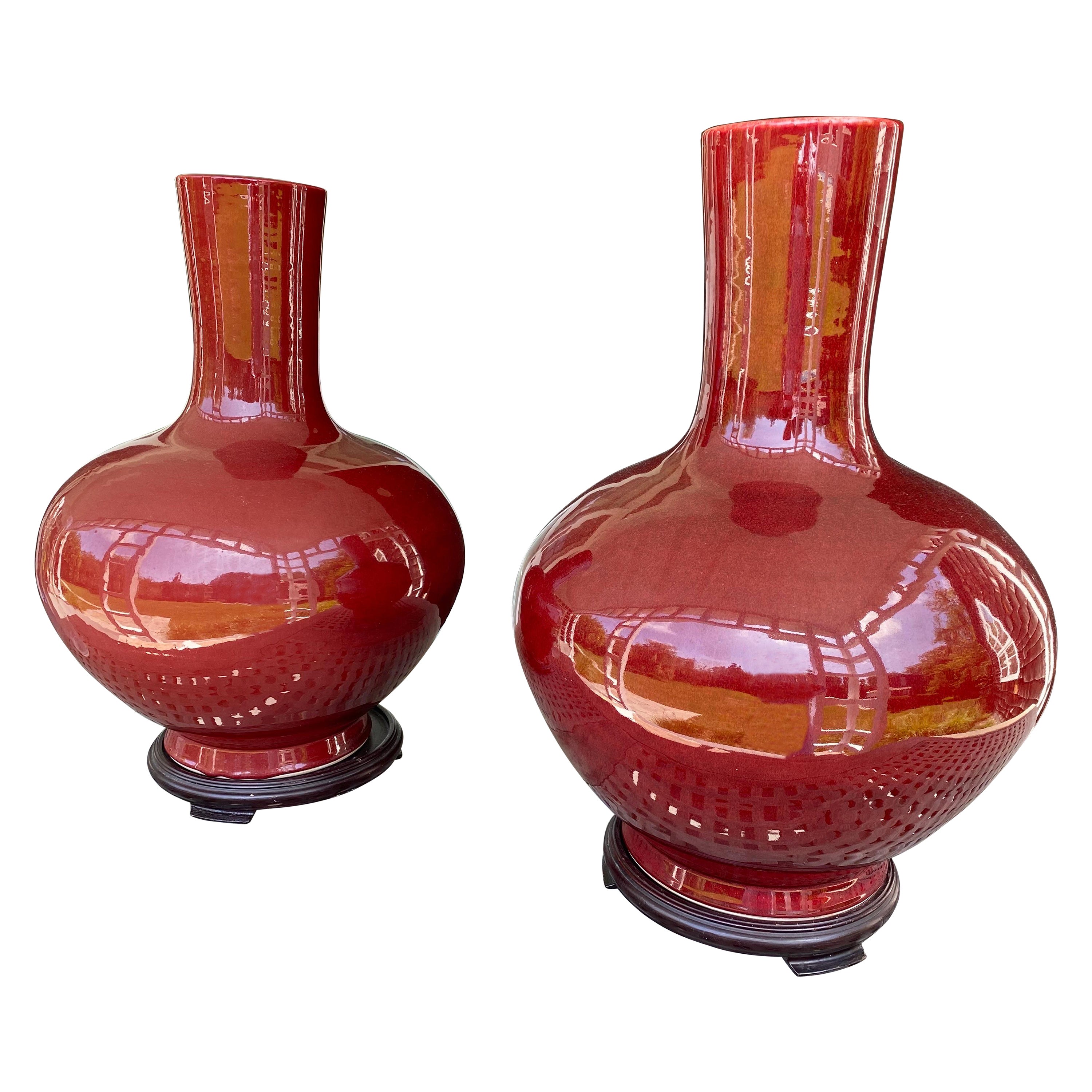 Pair of Chinese Large Sang-de-boeuf Glazed Red Vases, Early 20th Century