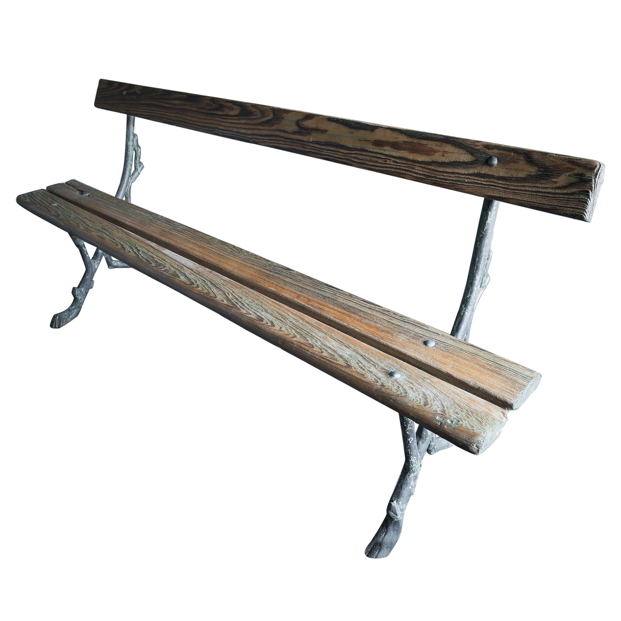 Cast Iron and Pitch Pine Faux Bois Garden Bench