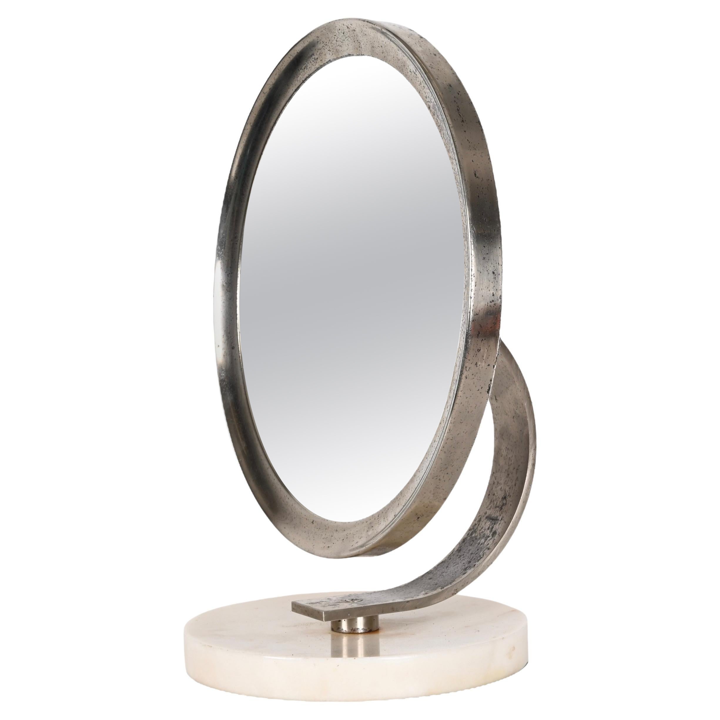 Miroir de coiffeuse italien rond du milieu du siècle dernier en marbre blanc de Carrare et acier, années 1960 en vente