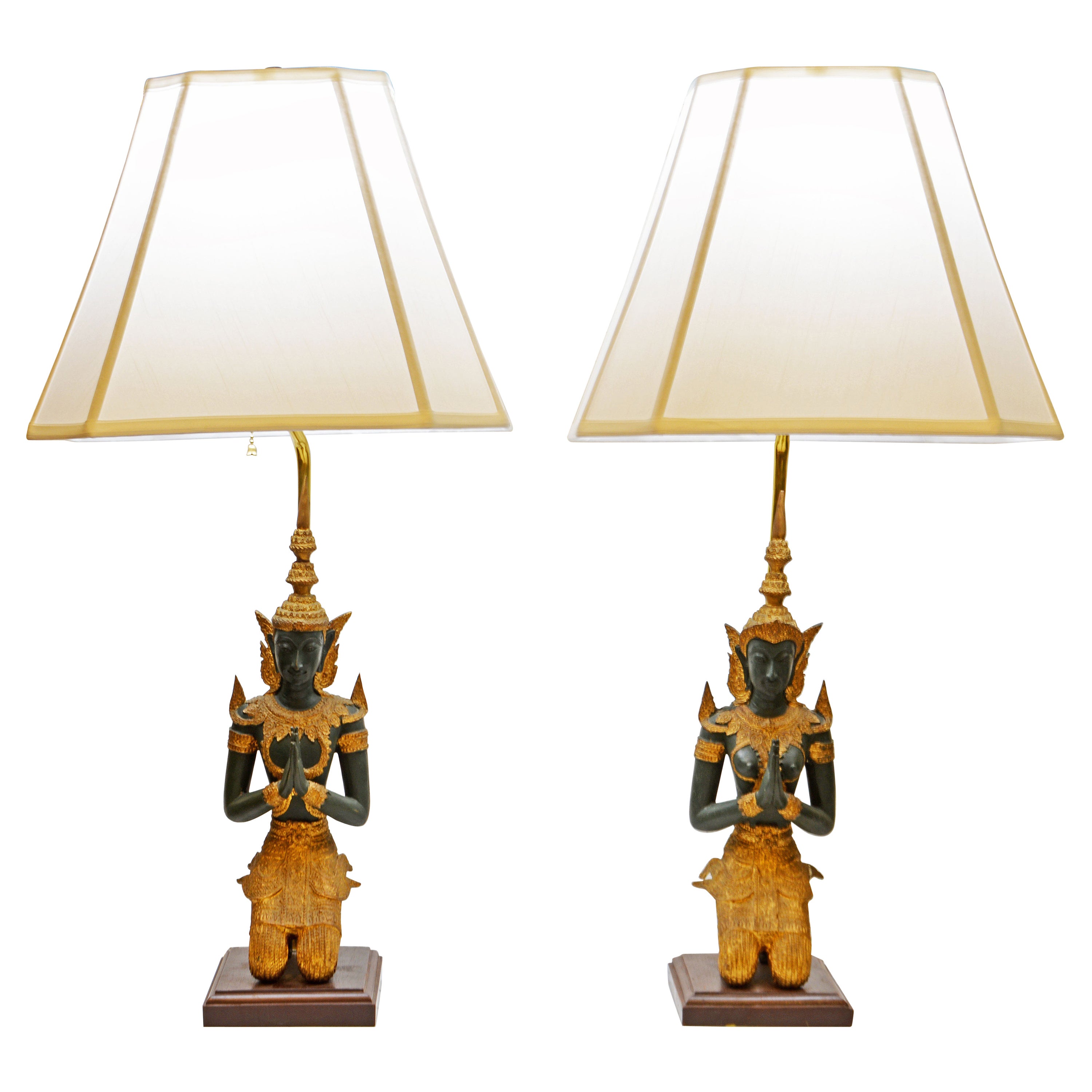 Pair of Thai Patinated and Gilt Bronze Male and Female Tempel Guards as Lamps