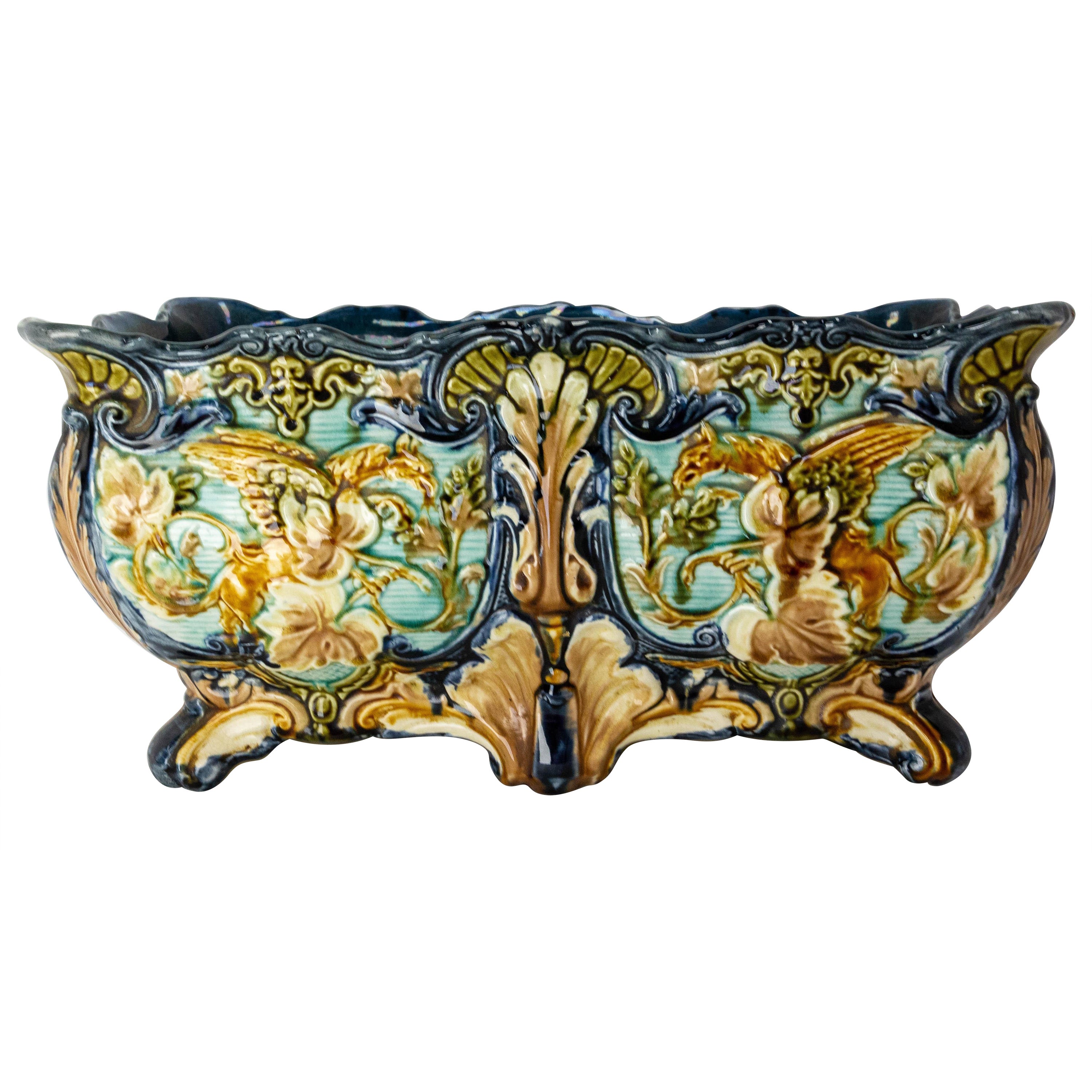 Jardiniere Art Nouveau Griffon Barbotine, Early 20th Century