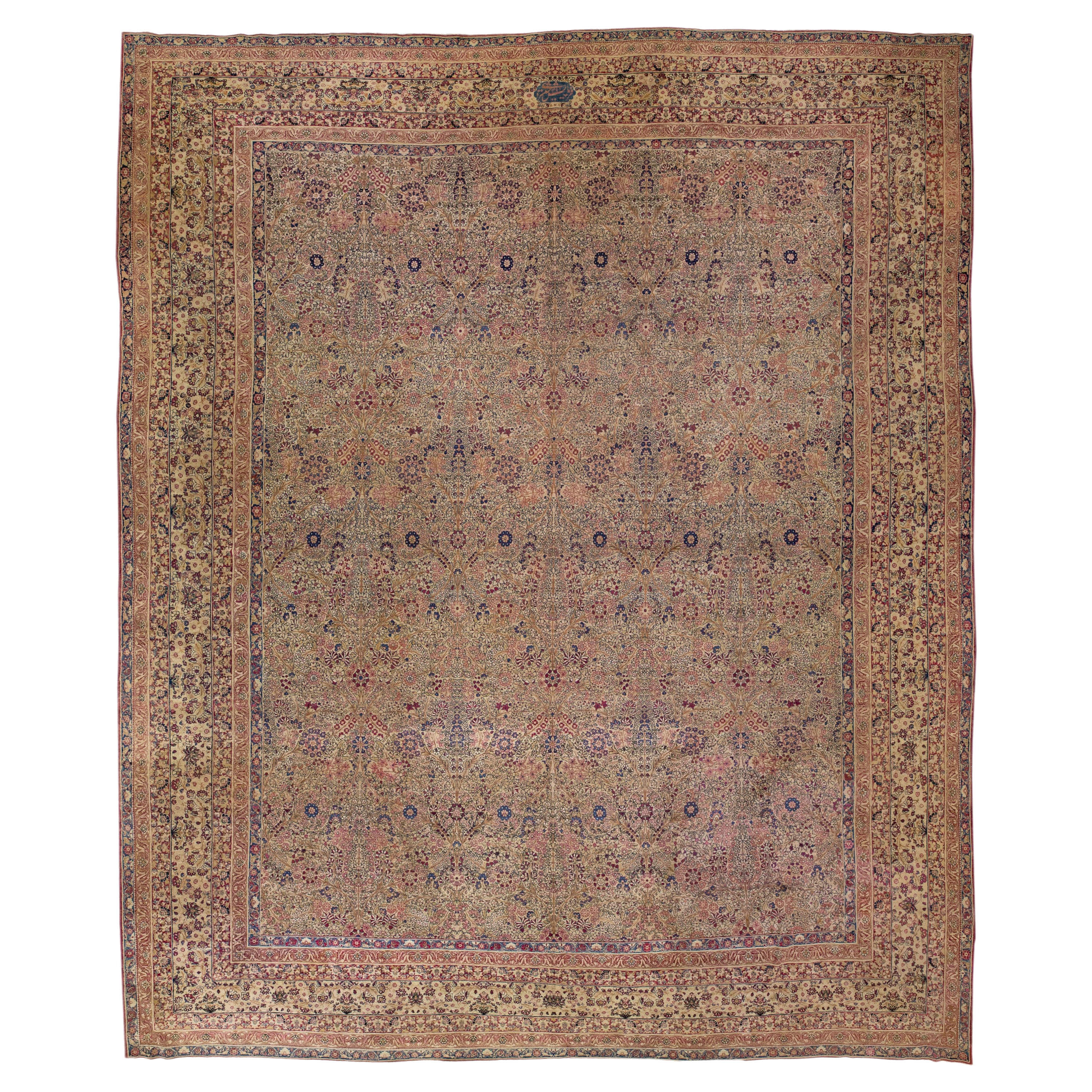 Antique Kerman Handmade Multicolor Persian Wool Rug with Allover Floral Motif