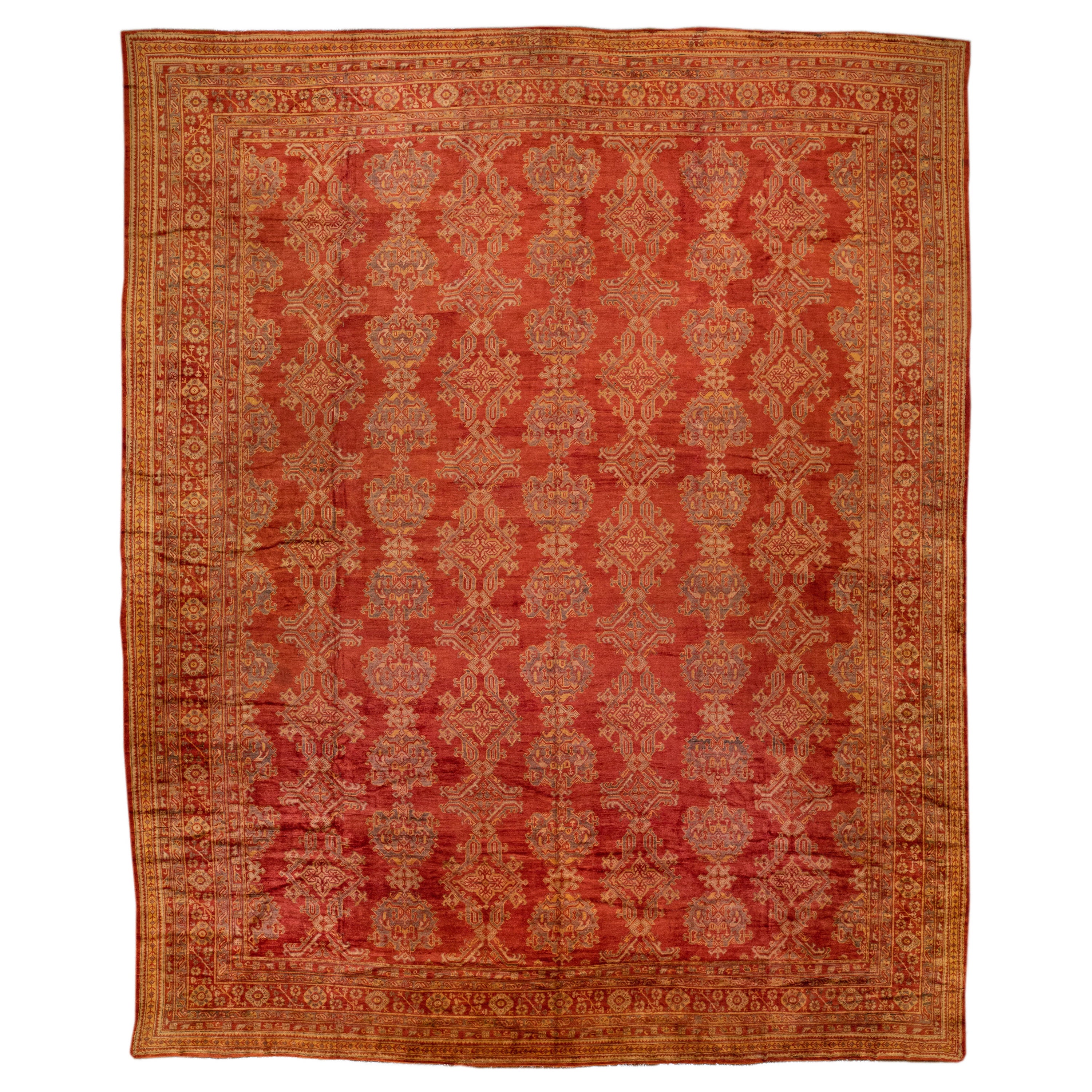 Antique Turkish Oushak Handmade Orange-Rust Wool Rug with Geometric Pattern For Sale