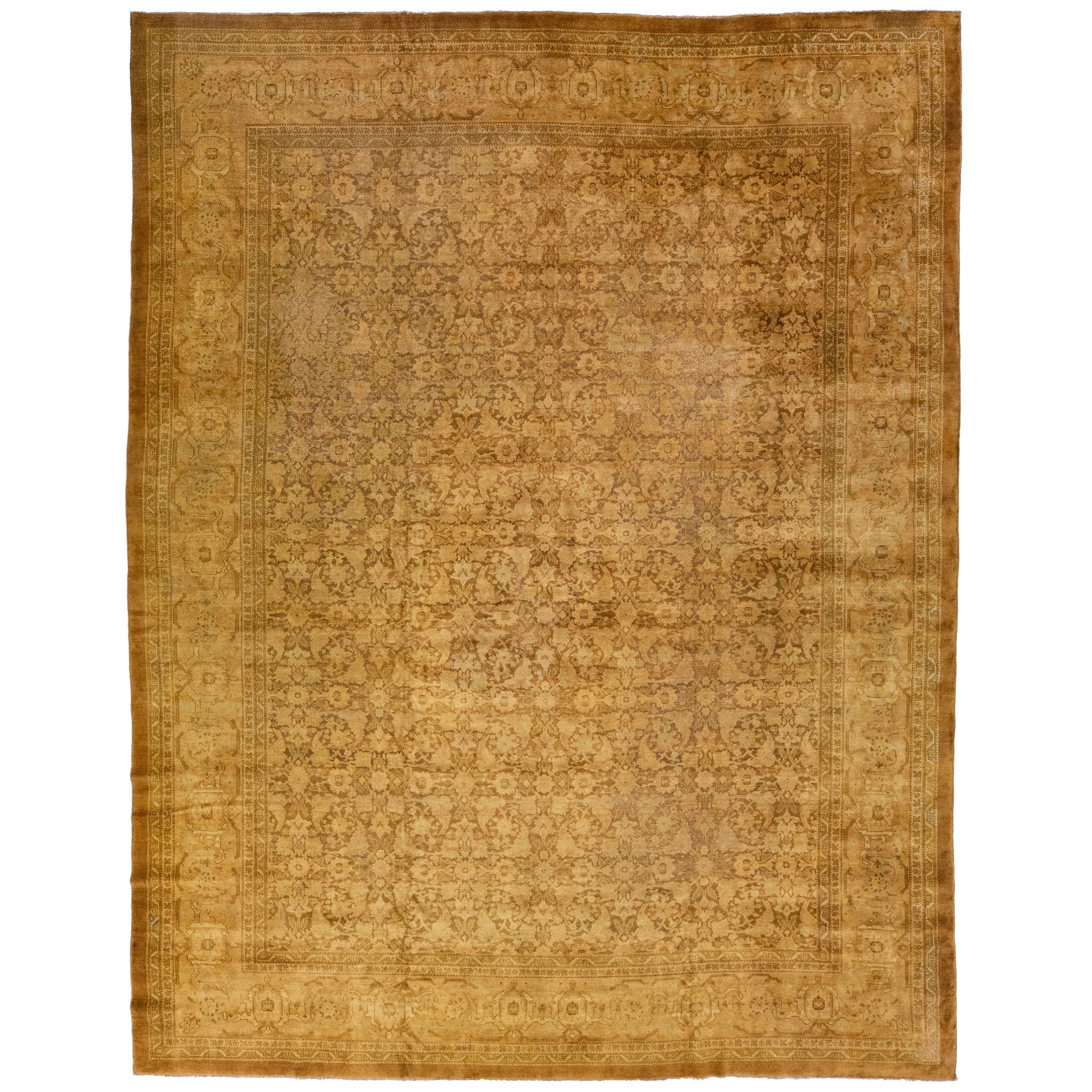 Antique Indian Agra Tan Handmade Wool Rug with Allover Design For Sale