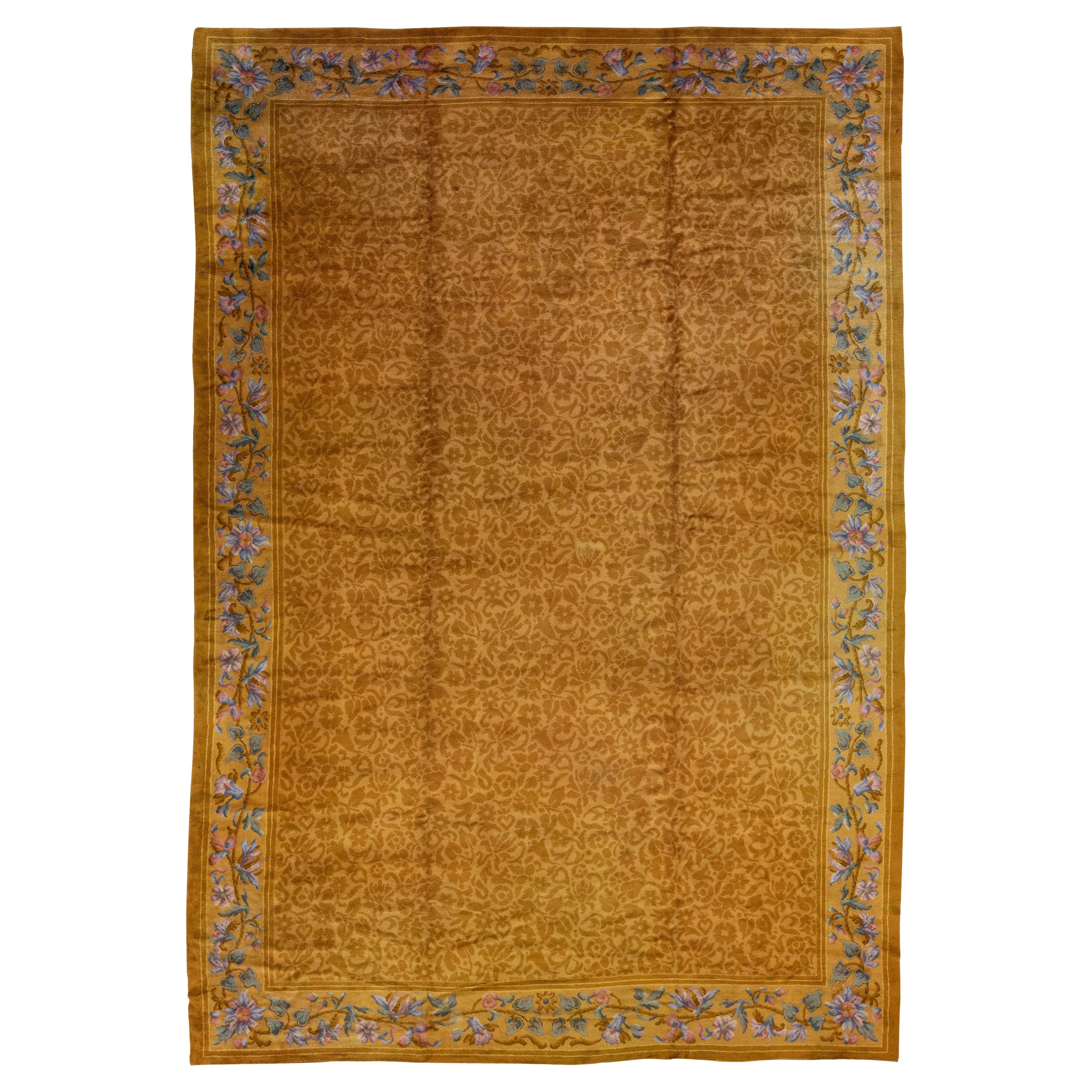 Antique Savonnerie Handmade Golderod Wool Rug with Allover Floral Motif For Sale