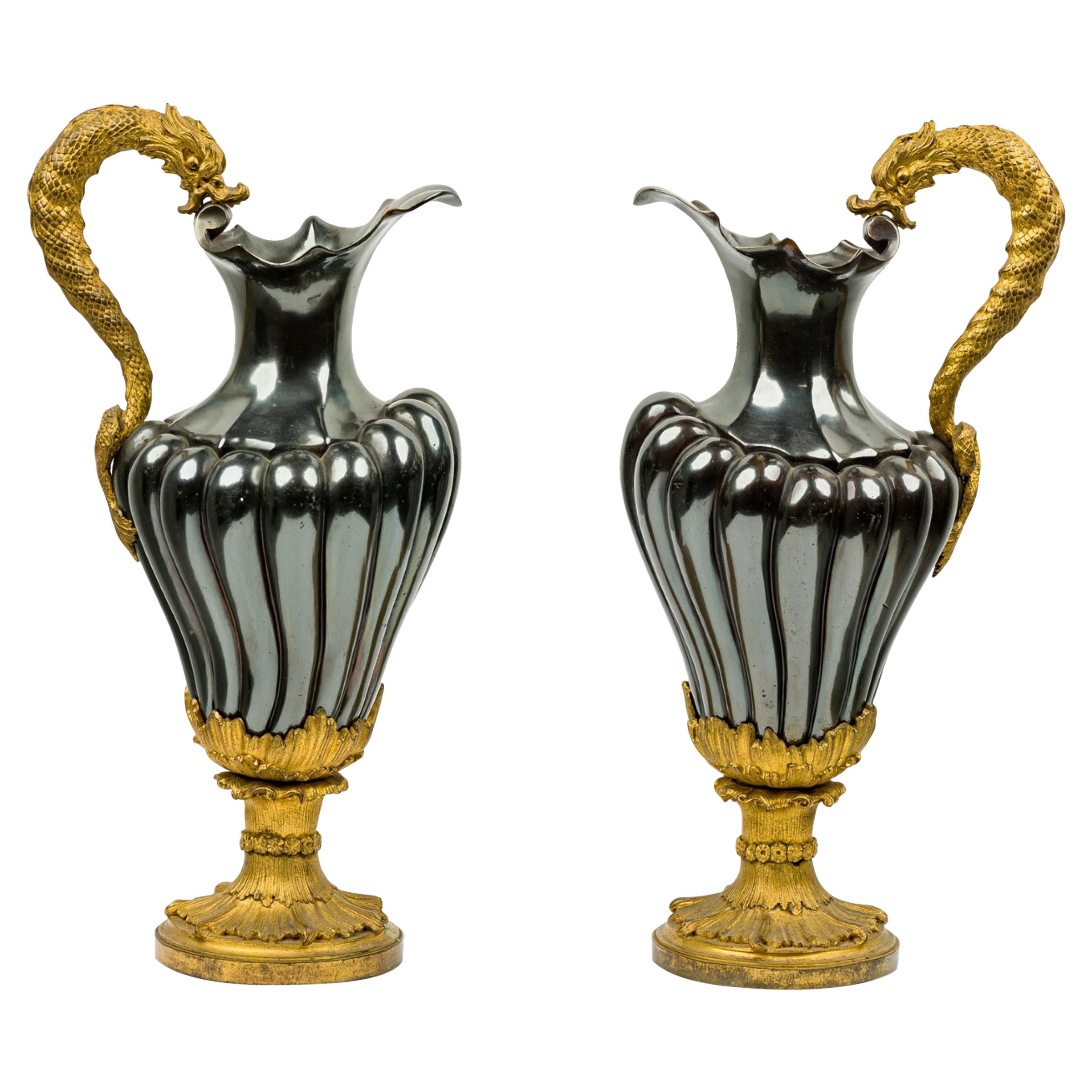 Pair of French Victorian Enameled Bronze Serpent Handle and Gilt Urns / Ewers For Sale