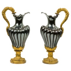 Pair of French Victorian Enameled Bronze Serpent Handle and Gilt Urns / Ewers