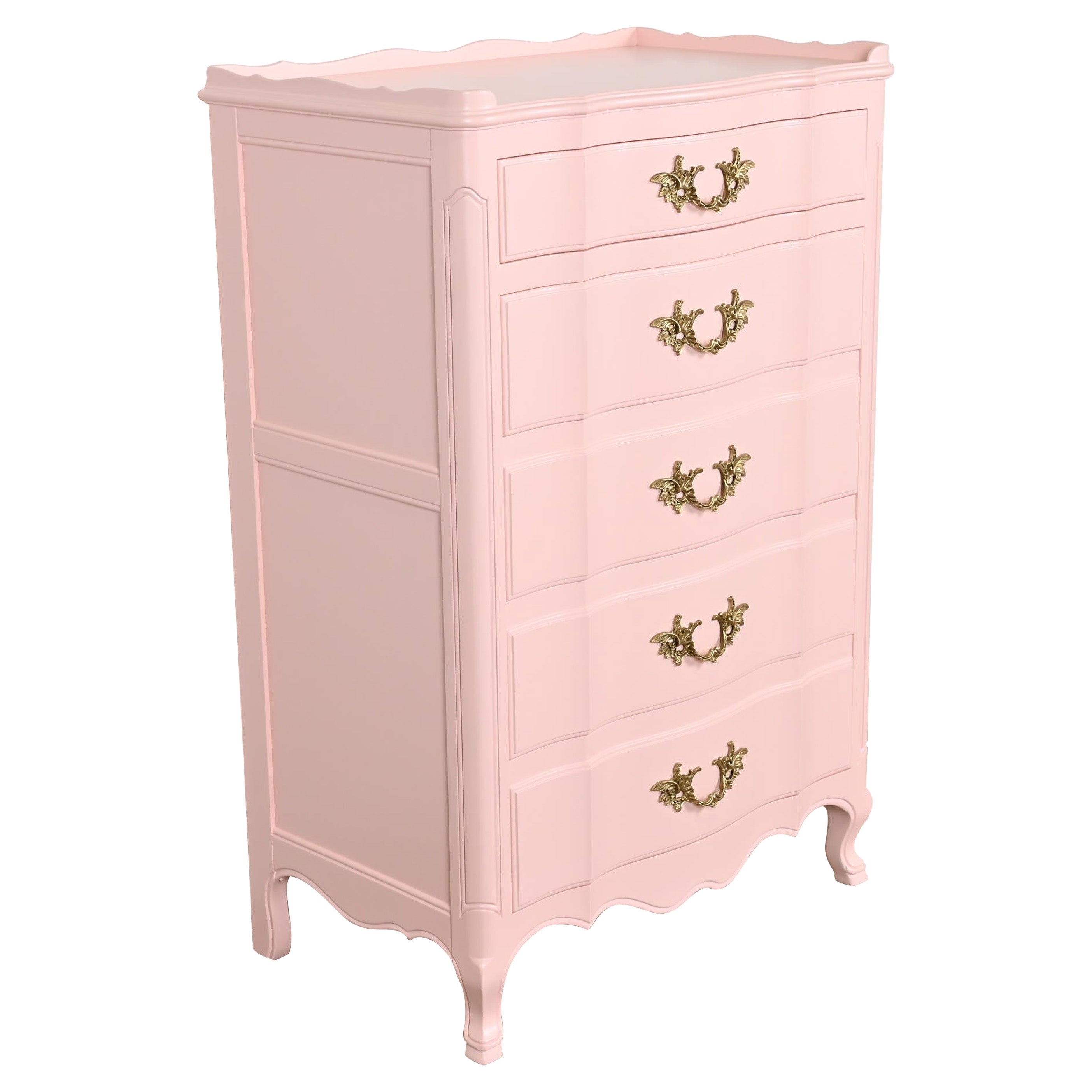 John Widdicomb French Provincial Louis XV Pink Lacquered Highboy Dresser