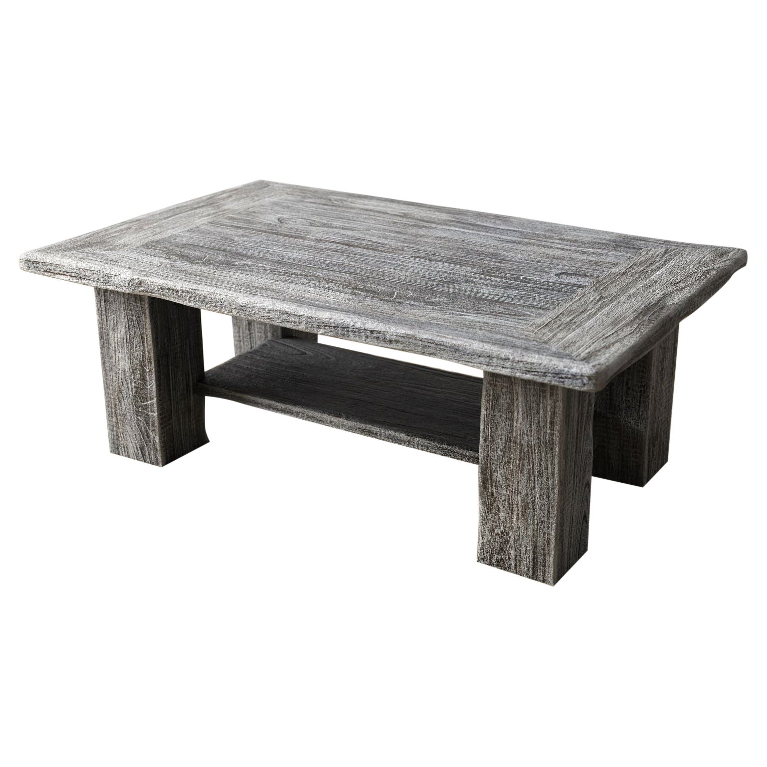 Solid Teak Sandblasted Coffee Table with Lower Shelf in Weathered For Sale