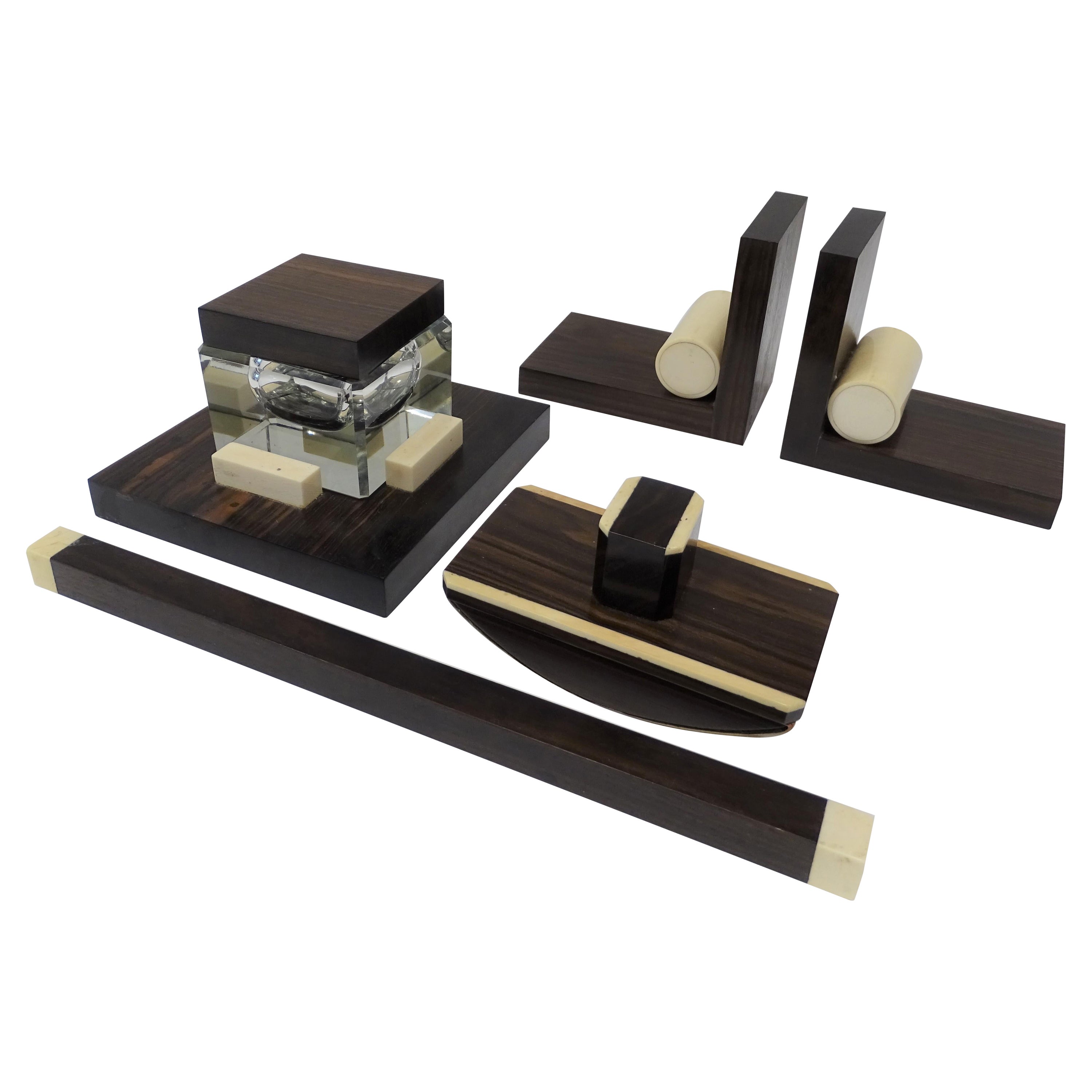Art Deco French Set of Desk Accessories, 5 Pieces Wood and  Inlaid For Sale